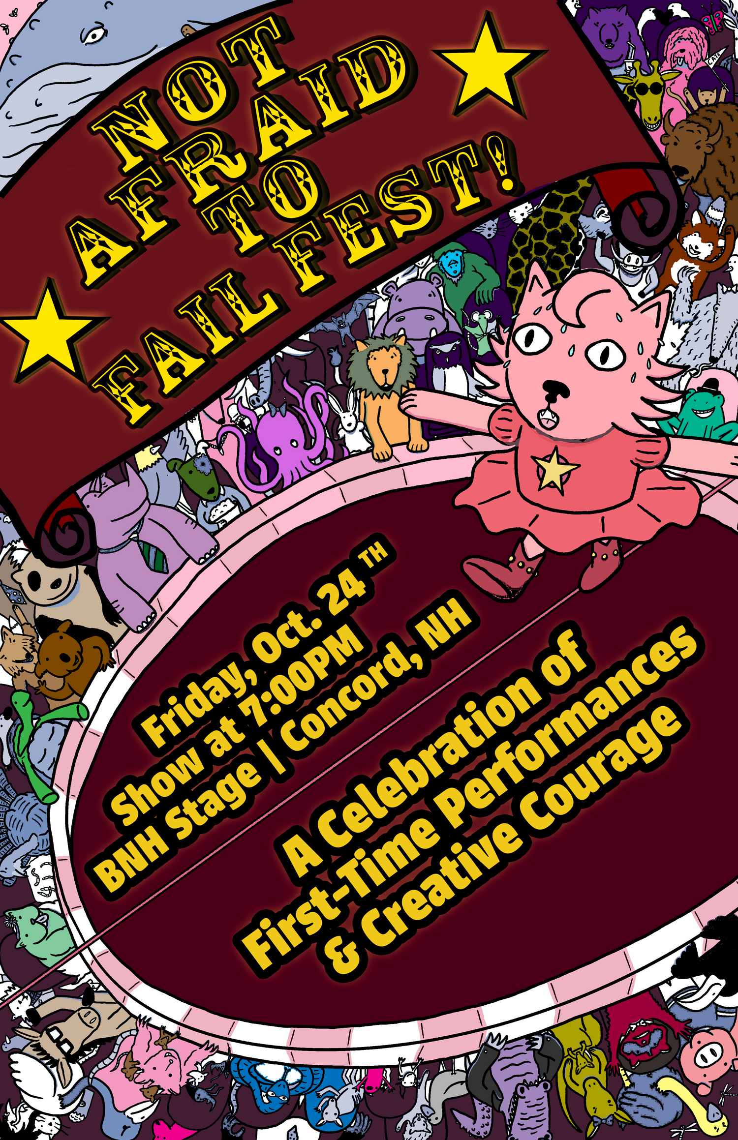 Circus tent with a girl cat walking a tightrope with other animals watching plus events details.